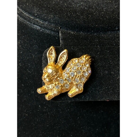 Gold Tone Rhinestone Rabbit Brooch - Picture 1 of 3